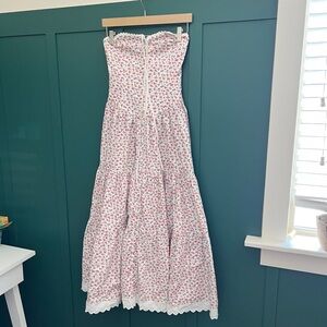 Betsey Johnson Strapless Tiered Floral Midi Dress Eyelet Trim white prairie